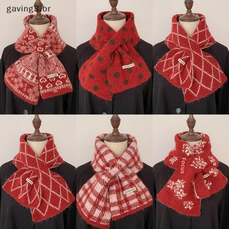 [GAVBR] Cachecol De Malha Cruzada Outono Inverno Curto Quente Feminino Moda Retrô Cor Vermelha Ano Novo Capa [HOT]