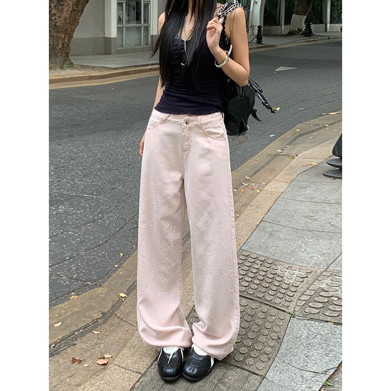 Rosa Tencel Gypsophila diamante quente em linha reta calças de perna larga feminino verão Ultra-fino Lyocell macio Drape
