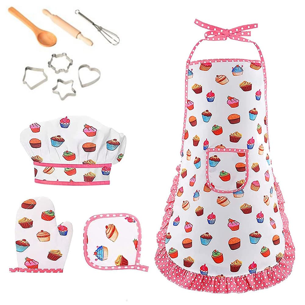 Conjunto de utensílios de cozinha de brinquedo para crianças, incluindo avental e acessórios de confeitaria, simulando u