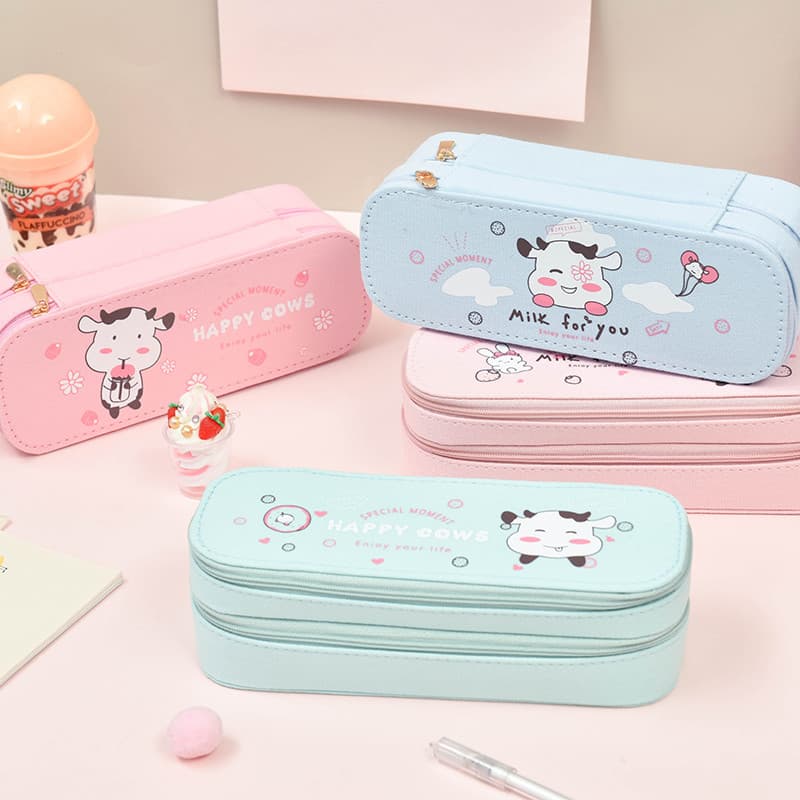 Ano Novo do Boi Lona Dupla Camada Estojo de Lápis de Grande Capacidade Caixa de Papelaria ins Trendy Girl Heart Storage
