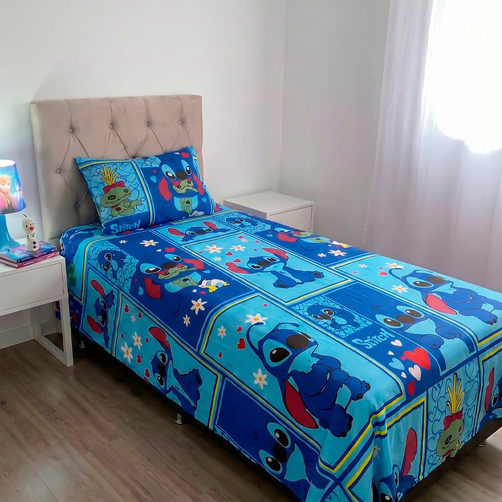 Kit de Lençol Infantil Solteiro Porta Travesseiro Homem Aranha Stitch Carros Frozen Princesas