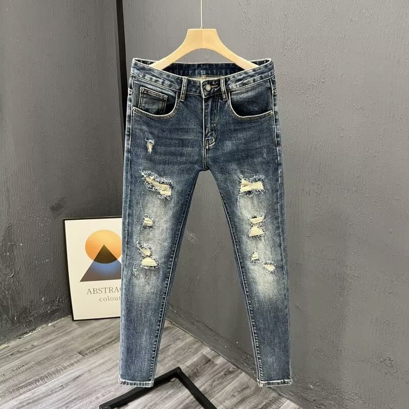 Primavera verão Street Wear moda Jeans rasgados único rufião bonito calças magras masculino Popular fino-ajuste Stre