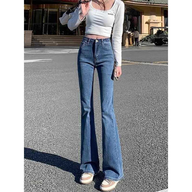 Retro azul Micro-queimado Jeans feminino 2025 primavera novo estilo fino-ajuste cintura alta mais magro olhar pequena fe