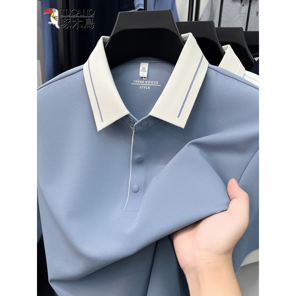Woodpecker gelo seda manga curta camiseta masculina verão fino lapela de meia-idade camisa POLO pai solto Casual
