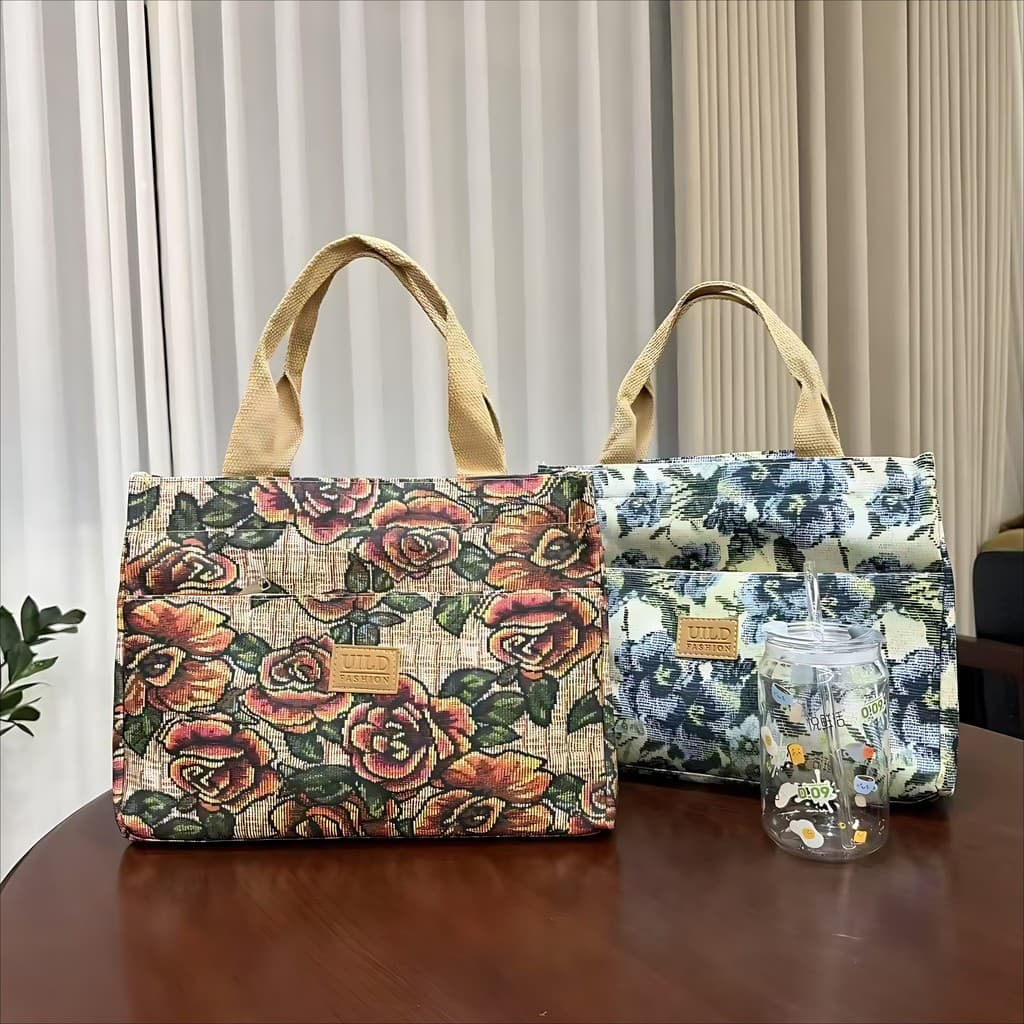 Retro bolsa Tote flor pintura a óleo estilo trabalho com lancheira saco de armazenamento grande capacidade Outing mamãe