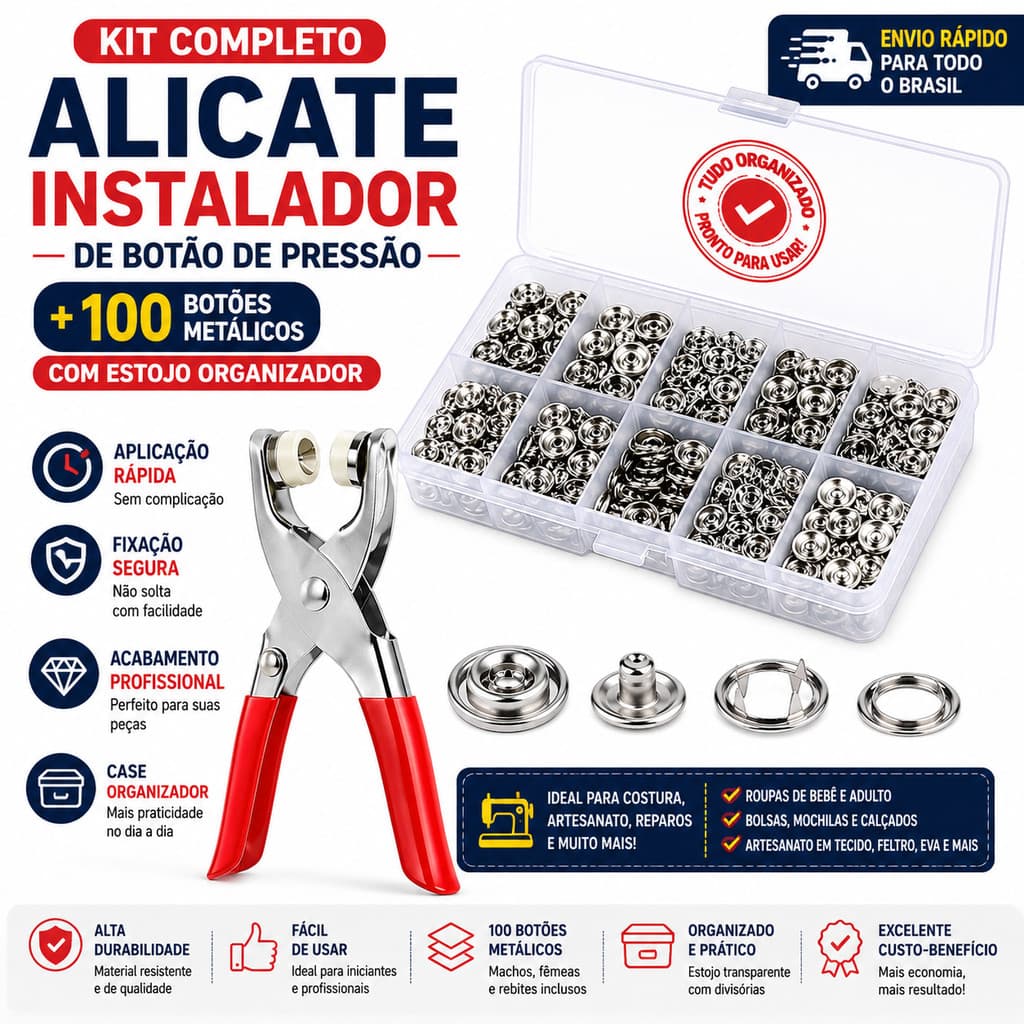Alicate Para Aplicação de Botões de Pressão + 100 Botões Metálicos Com Organizador