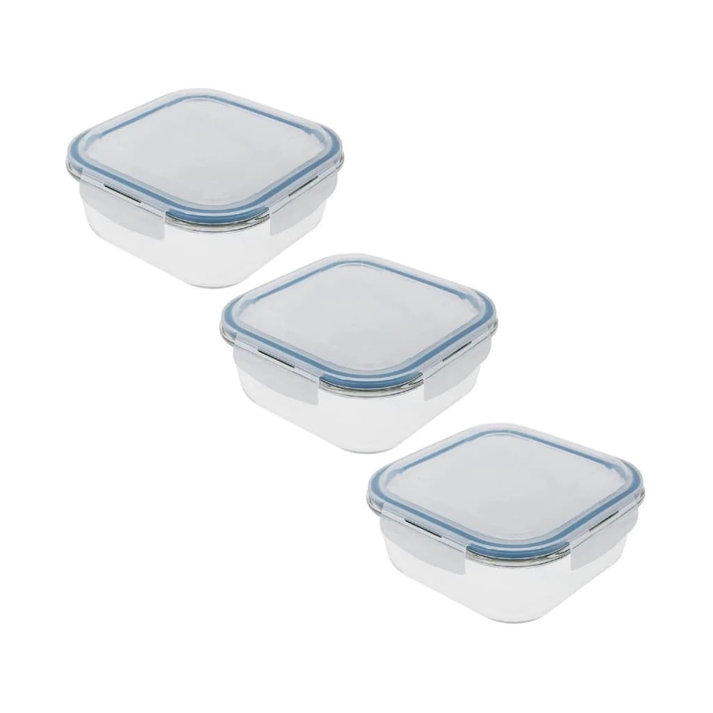 Jogo 3 Potes Vidro Marmita Quadrado Pequeno Resistente 550ml Antivazamento 4 Travas Refratário Micro-ondas Freezer