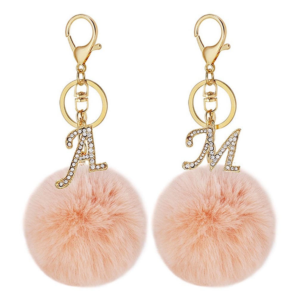 Nova 26 Carta Strass Chaveiro Liga Charme Meninas Rosa Pompom Anel Chave Do Carro Titular Mulheres Ornamentos Saco Acces