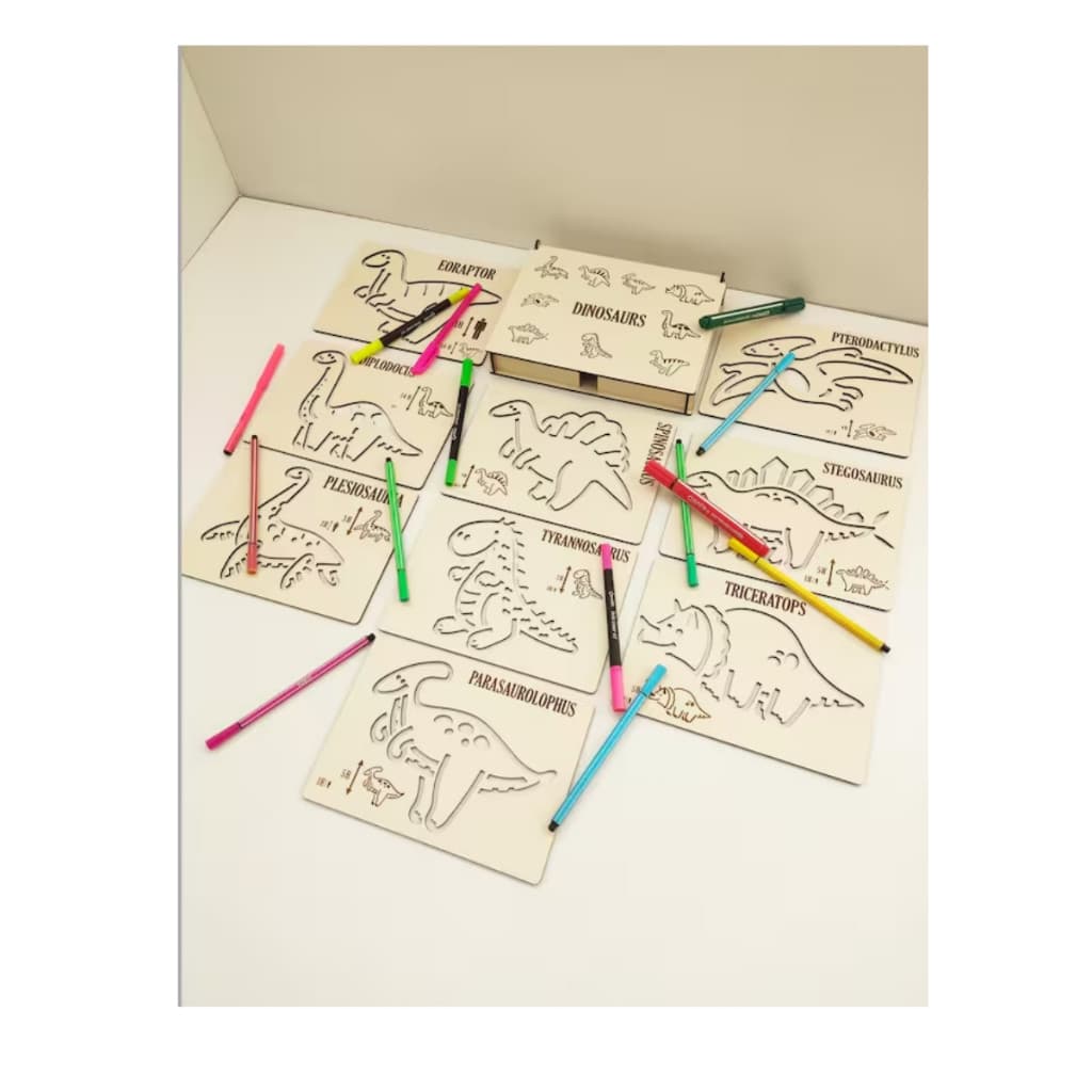 Kit 9 Moldes Estêncil Montessori Dinossauros em MDF 3mm CRU Caixa