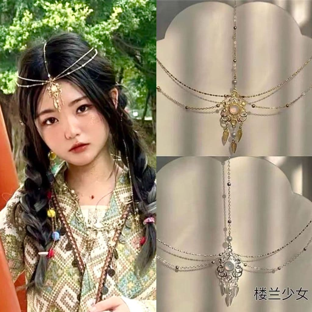 Fada estilo exótico Hanfu antigo acessórios de cabelo feminino testa acessórios ocidental versão dupla Na testa nupcial