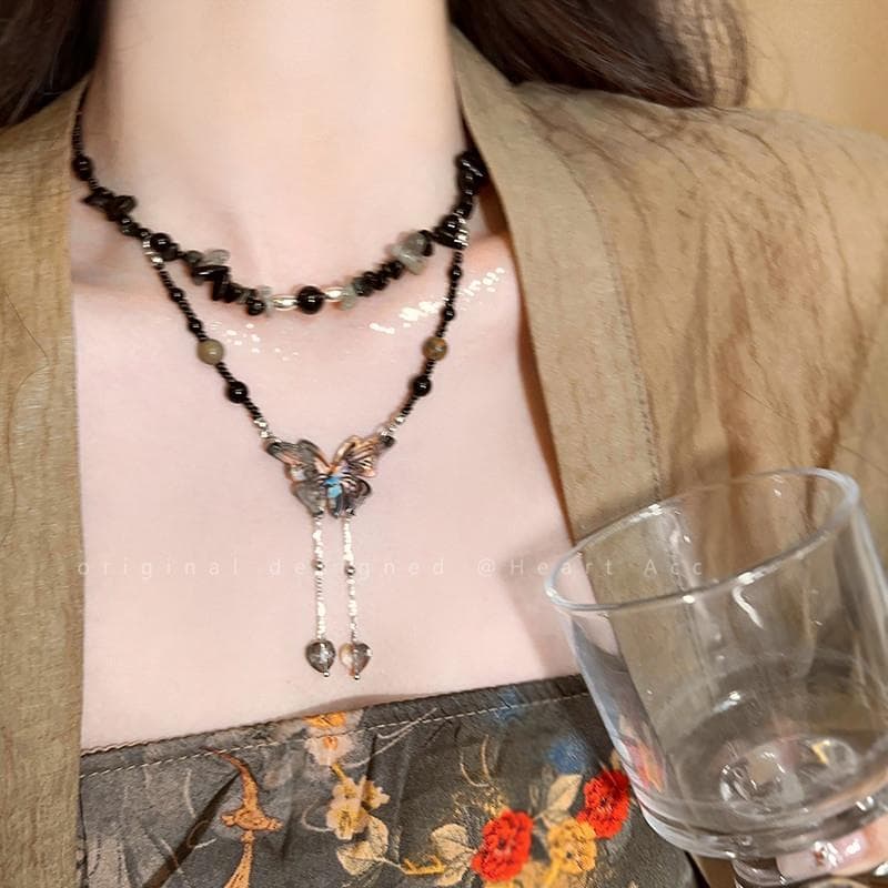 Novo estilo chinês borboleta pingente frisado dupla camada colar feminino longo Retro estilo étnico acessórios estilo ch