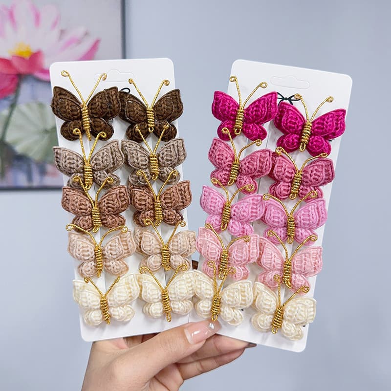 Conjunto de 10 peças de presilhas de cabelo de borboleta em tricô para meninas, acessórios infantis com laço de cor sóli