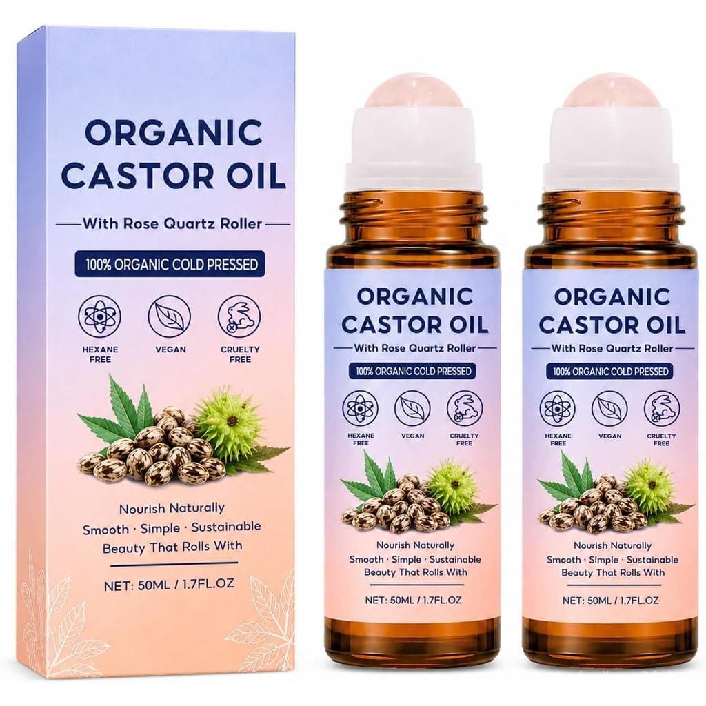 Rollon de Quartzo Rosa com Óleo de Rícino Prensado a Frio para Massagem Facial, Capilar, Sobrancelhas, Cílios, Couro Ca