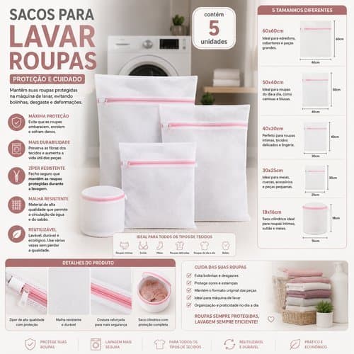Conjunto 5 Sacos Lavagem Roupas Com Zip Branco Protecao Delicados Organizador Pratico Lavanderia Duravel