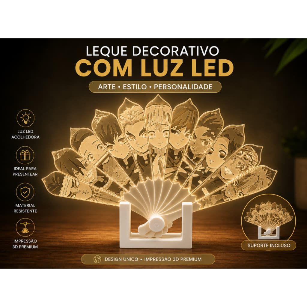 Leque Decorativo Com Suporte Kimetsu no Yaiba Com Efeito de Luz Quente