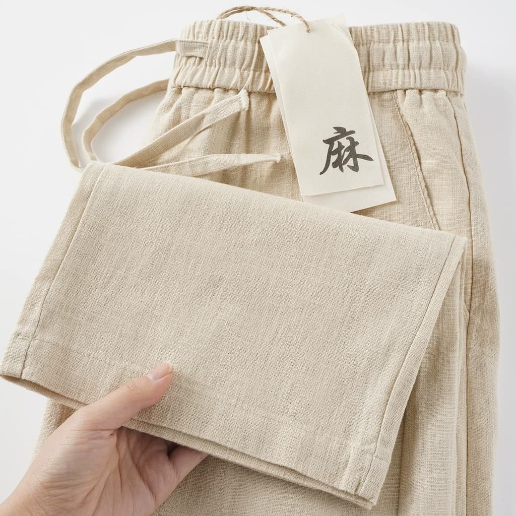 [Cool respirável] Calça Casual masculina de linho cáqui estilo dinheiro antigo calça de moletom com cortina solta Ramie