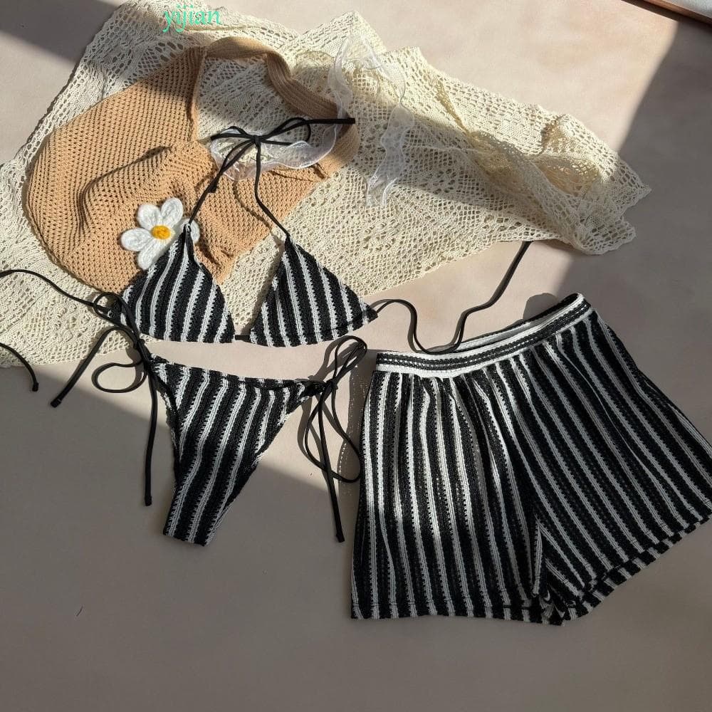 YIJIAN Biquíni Maiô , Sem Mangas Fino Ajuste 3 Em 1 Conjunto De Roupa De Banho , Roupas De Praia De Tricô