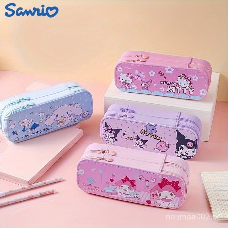 Kawaii Estojo De Lápis Dos Desenhos Animados Grande Capacidade Camadas Duplas Caixa De Papelaria Caso Kuromi Crianças Pr