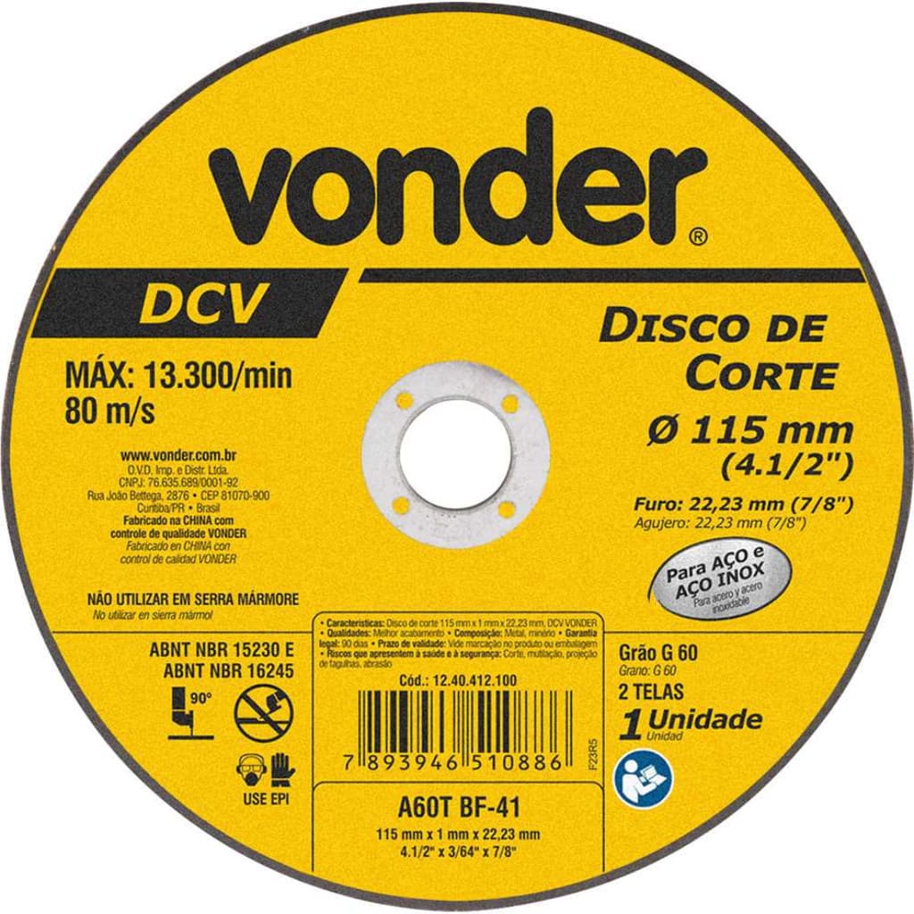 DISCO DE CORTE 115,0 MM x 1,0 MM x 22,23 MM, DCV - VONDER