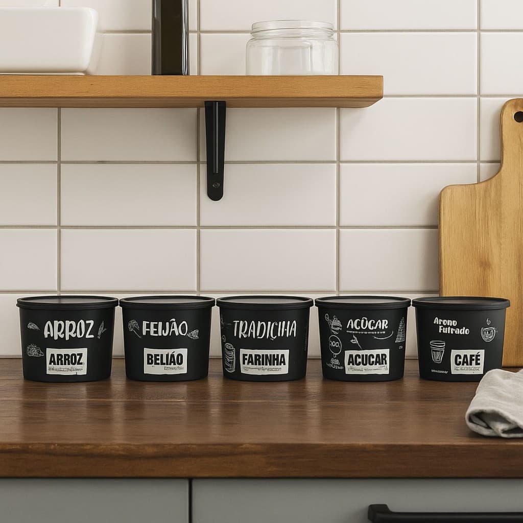 KIT POTES PORTA MANTIMENTOS 5PCS PLASTICO MULTIUSO BLACK 2L DECORADO REDONDO