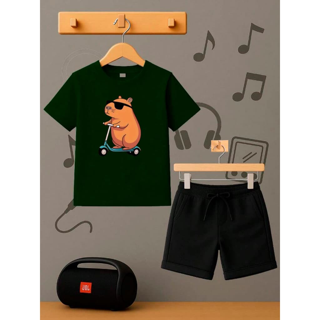 Conjunto Infantil Camiseta + Short CAPIVARA PATINETE Moda Teen Kids Bolso Lateral
