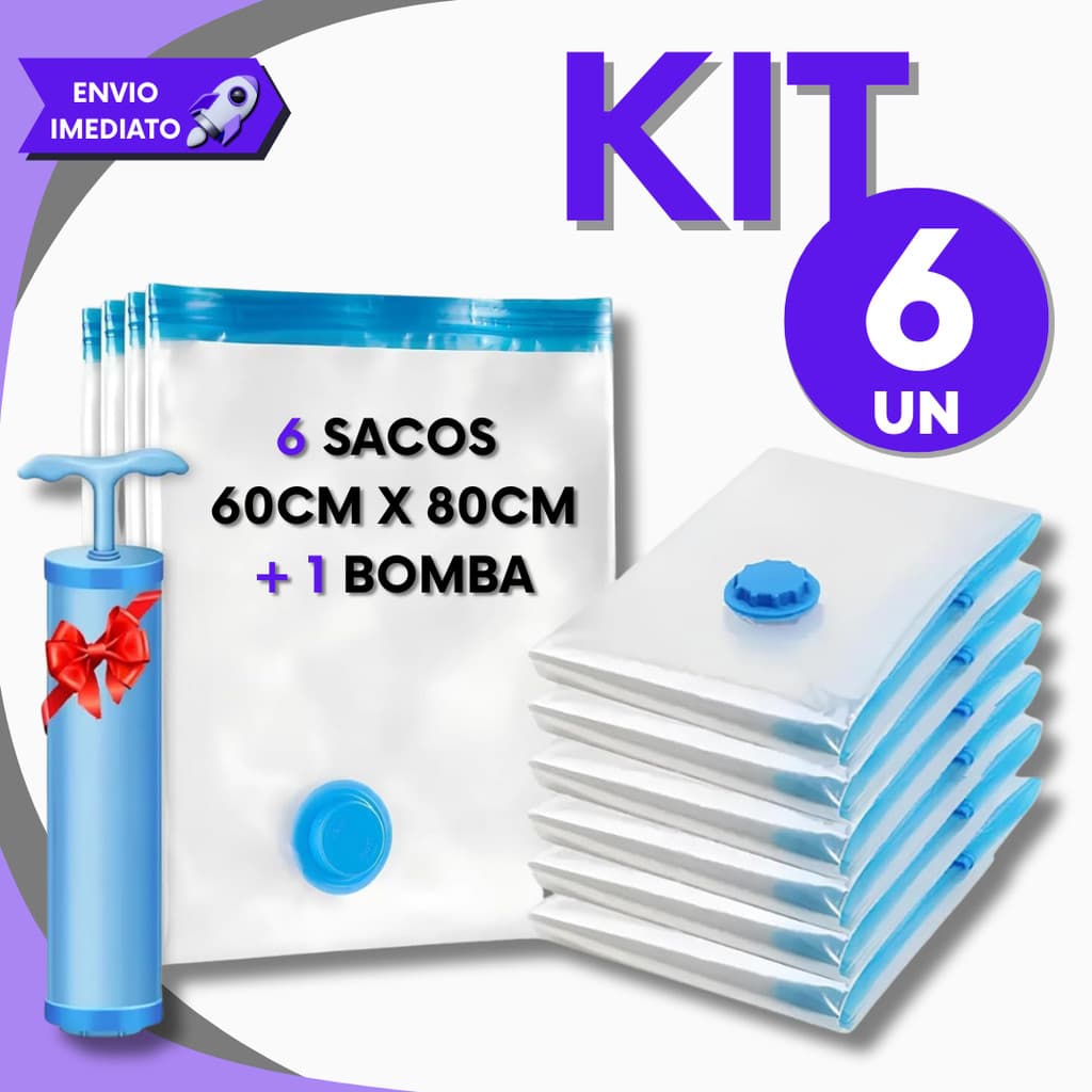 Kit Completo 6 Sacos de Armazenamento a Vácuo 60x80cm + Bomba Manual para Viagem e Casa