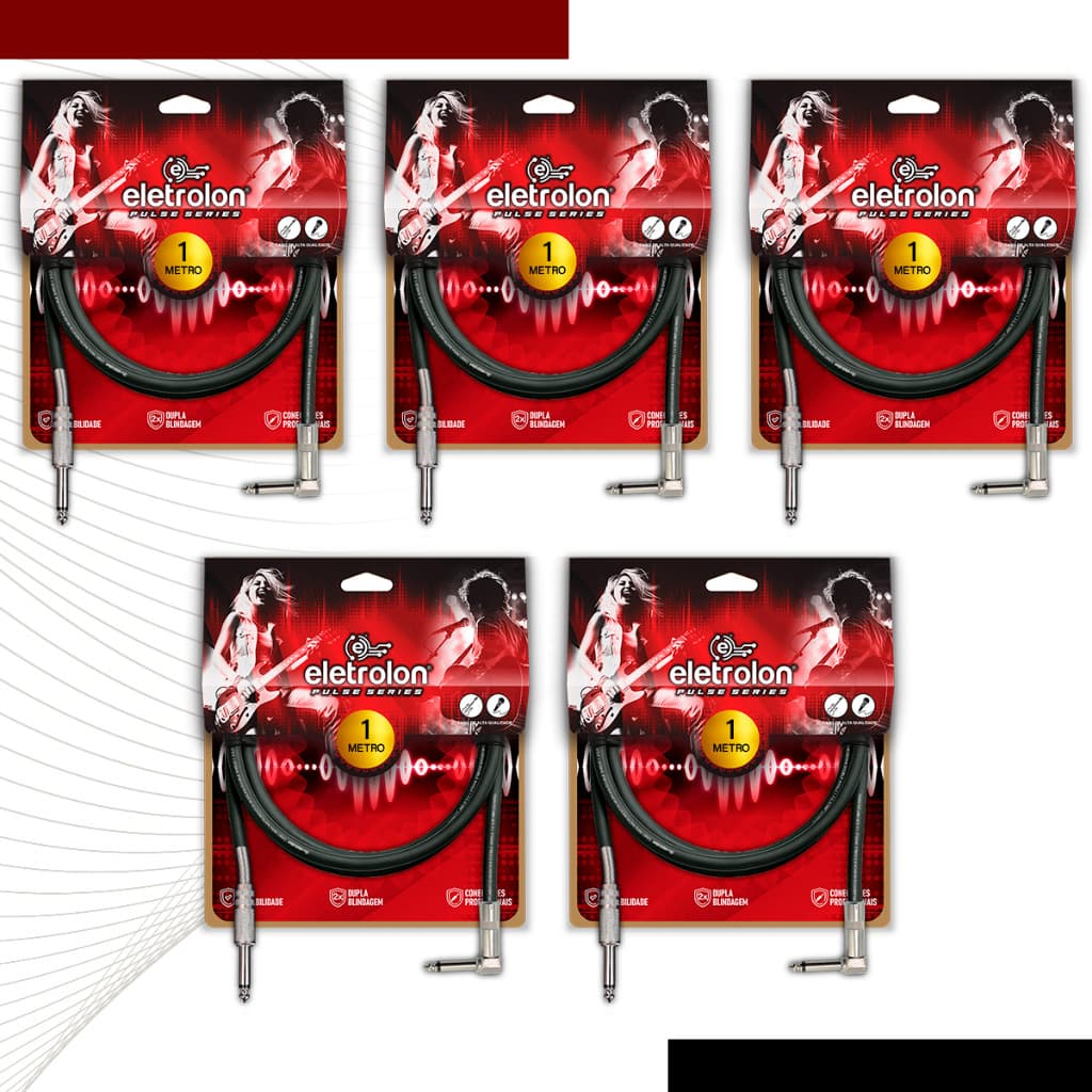 Kit 5 Cabo P10 Mono Para P10 Mono 90º Graus Violão Guitarra Baixo 1m Metro - Pulse Eletrolon