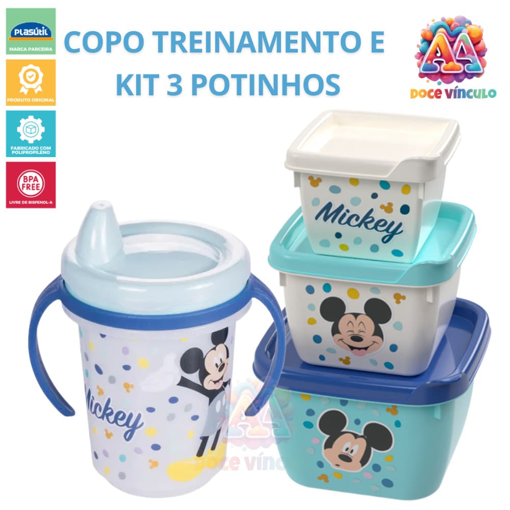Kit Copo Treinamento Alça Conjunto 3 Potinhos Mickey Original BPA Free Lancheira Passeio Plasutil