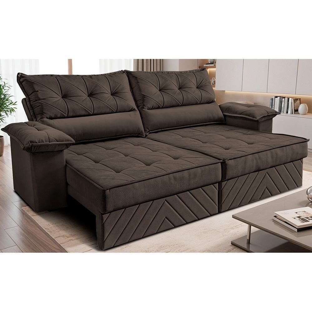 Sofá Retrátil e Reclinável 2,40m com Molas e Espuma D33 Thunder Velusoft Café Cama inBox