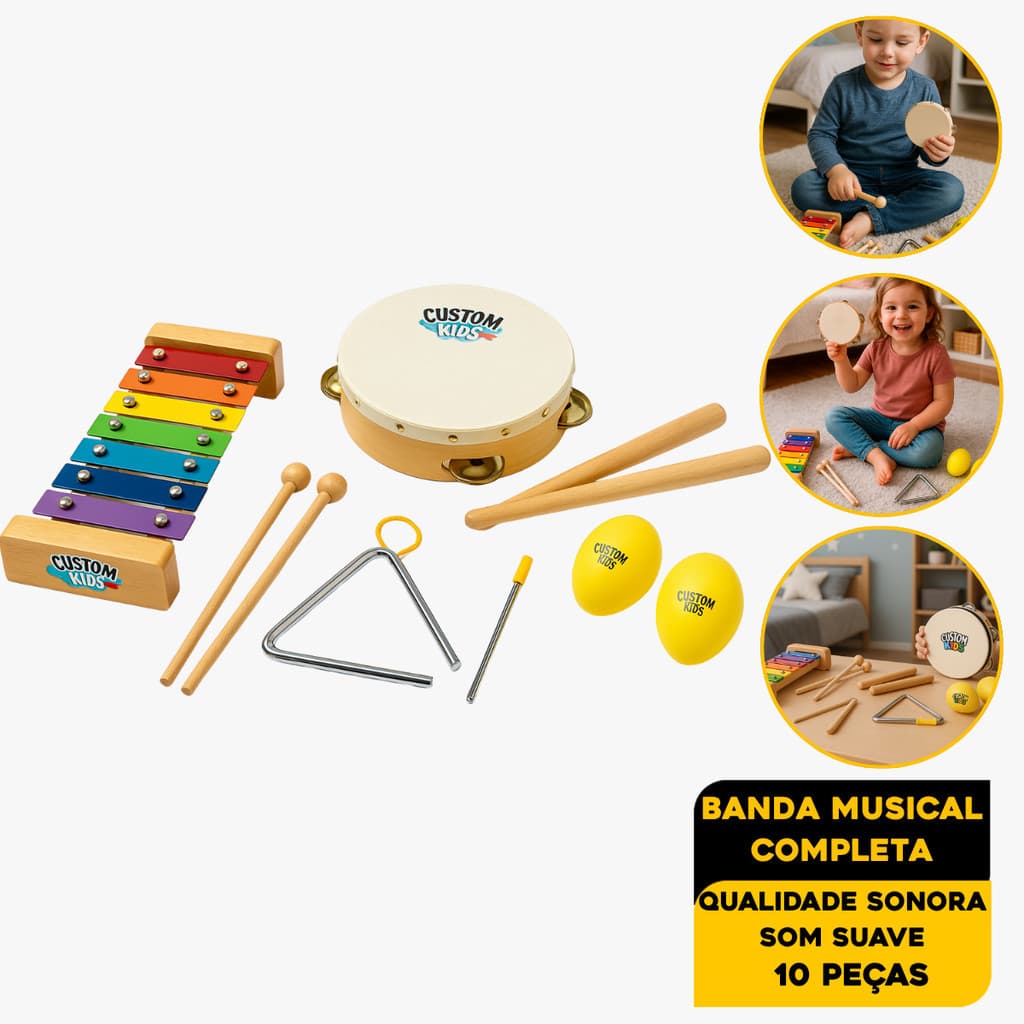 Kit Tamborim Pandeiro Xilofone Triângulo Musical Bandinha Infantil Custom Kids