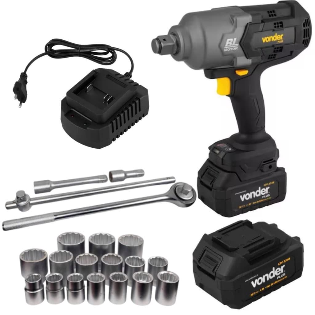 Chave de Tirar Roda de Caminhão Encaixe 3/4 Motor Brushless 3 Niveis de Torque 2 Baterias 20V Kit