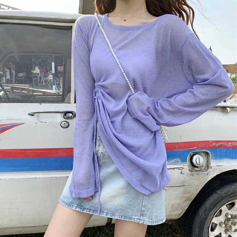 Malhas finas de seda gelo verão novo estilo praia manga comprida protetor solar roupas blusa solta cordão superior ar co
