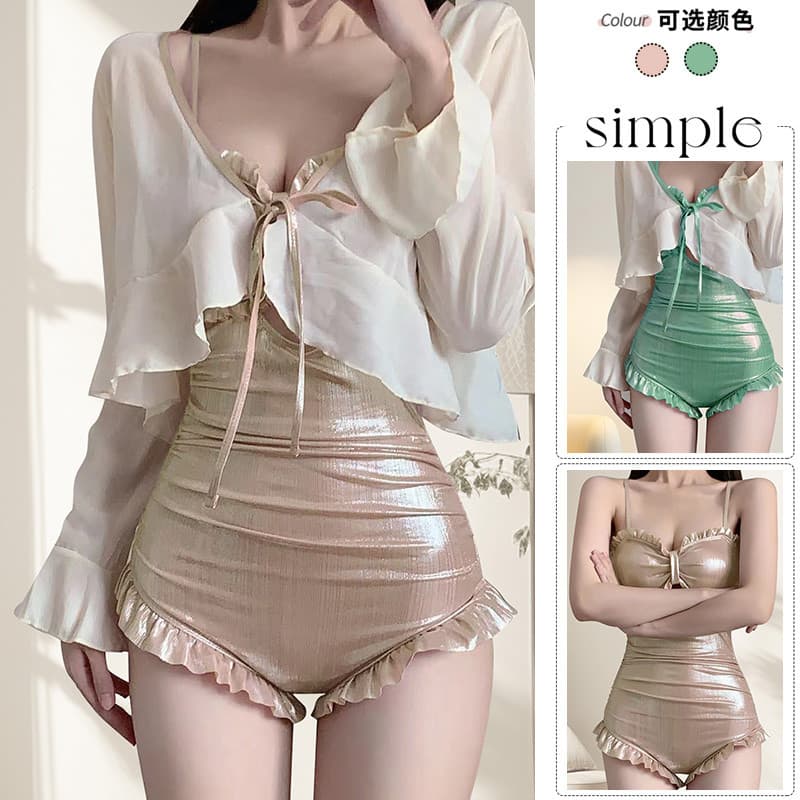 Maiô de uma peça feminino luz luxo simples doce manga comprida camisa externa de duas peças puro desejo de cobrir gordur