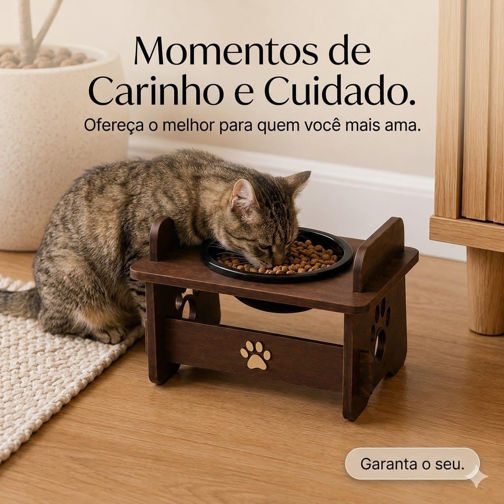 Comedouro Elevado Pet Madeira MDF Tigela Removível Gato Cachorro Ração Água Postura Ergonômico Saúde Pet