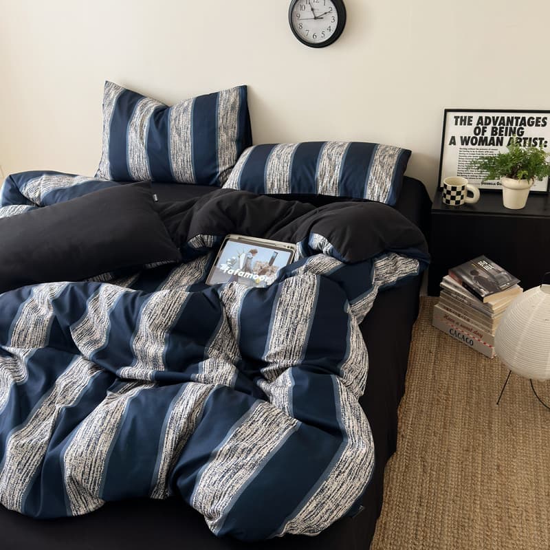 Estilo de luxo leve totalmente lavado algodão conjunto de quatro peças impressão Digital listrado colcha capa folha cama