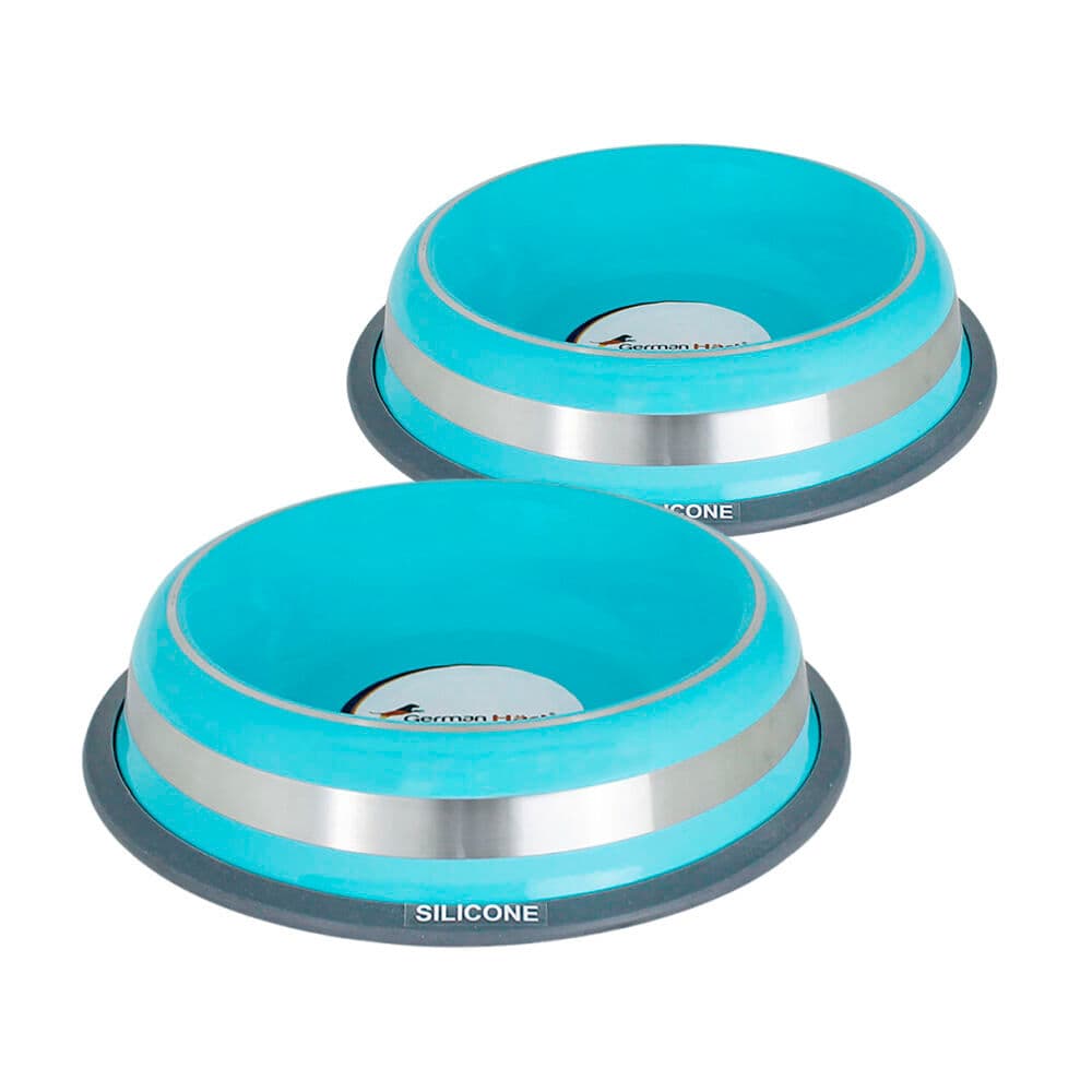 Kit 2 Tigelas Vasilha Inox Pet Premium 450ml Azul Base Borracha Antiderrapante Resistente