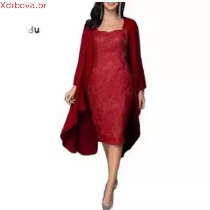 Vestido Midi Feminino de Manga Três Quartos, Decote em V, Renda Plus Size, Cor Sólida