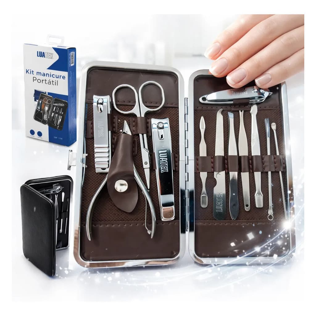 Kit Manicure Pedicure Luatek 12 Peças em Aço Inox com Estojo para Cuidados das Unhas