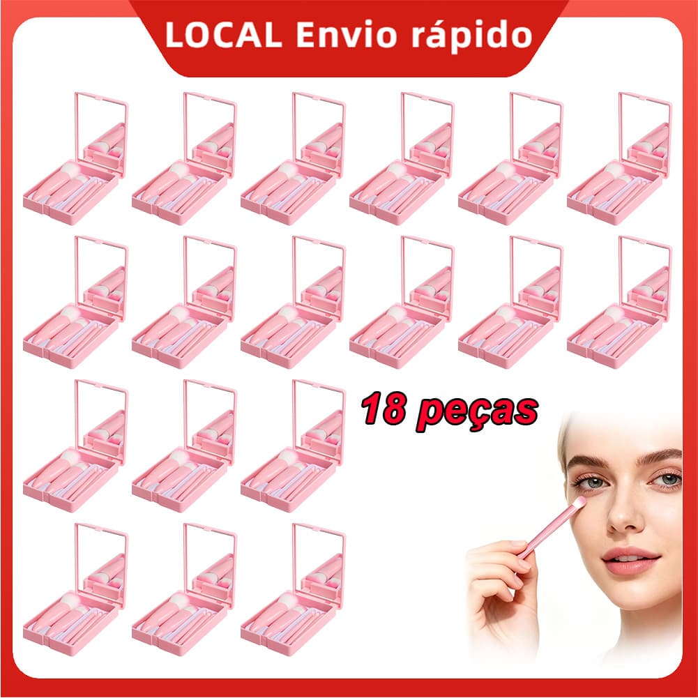 Kit 18 Rosa Mini Espelho de Maquiagem Portátil com 5 Pincéis – ideal para iniciantes, pó compacto
