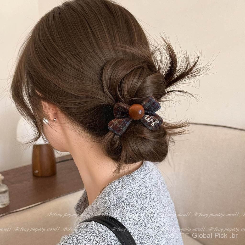 Elástico de cabelo para rabo de cavalo alto com padrão xadrez, contas e laço, faixa elástica que não danifica o cabelo,