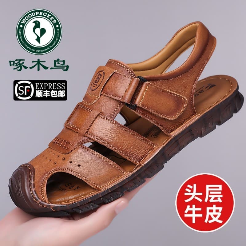 Sandálias pica-pau masculinas verão couro genuíno sola macia sapatos de praia casuais masculinos carne tendão-sola Baoto
