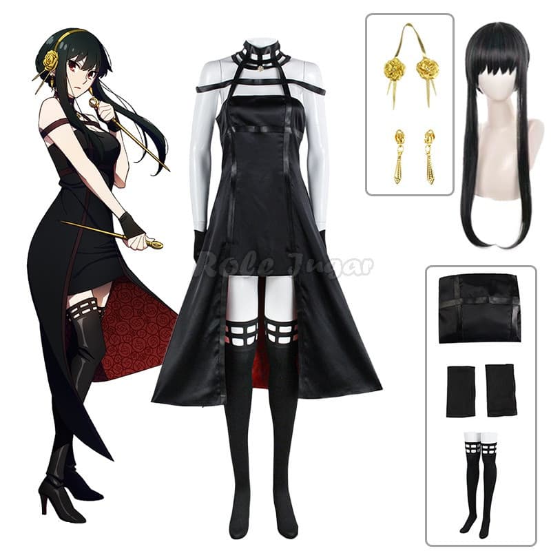 Fantasia de Cosplay Anime Spy X Family Yor Forger, Peruca Preta, Vestido Vermelho, Traje Gótico, Conjunto Completo Briar