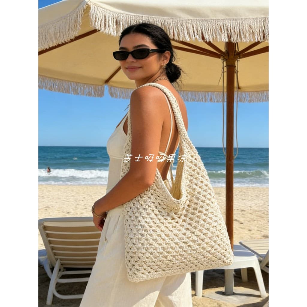 Estilo de férias oco tecido saco feminino verão All-Match grande capacidade estilo preguiçoso bolsa à beira-mar bolsa de