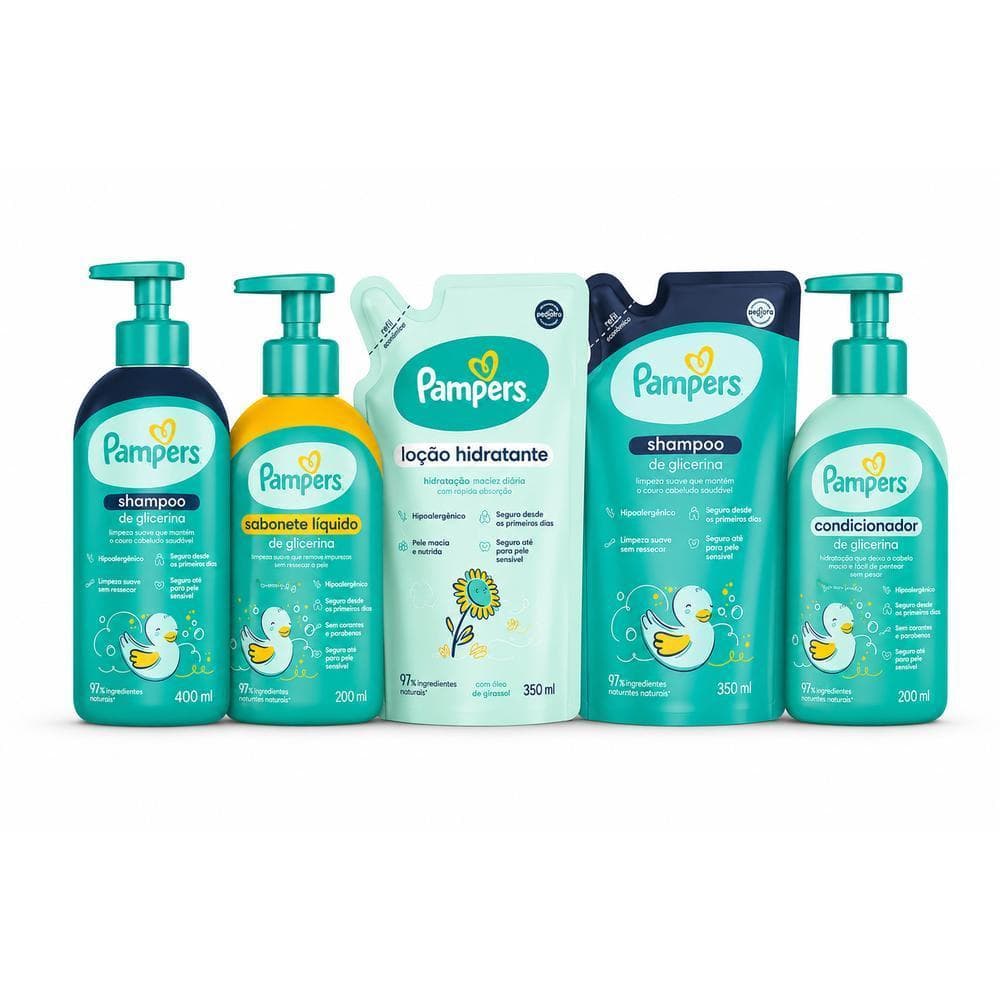 Kit Banho Completo Pampers Glicerina Shp 350ml e 400ml + Cond 200ml + Sabonete Líquido 200ml + Loção Hidratante 350ml