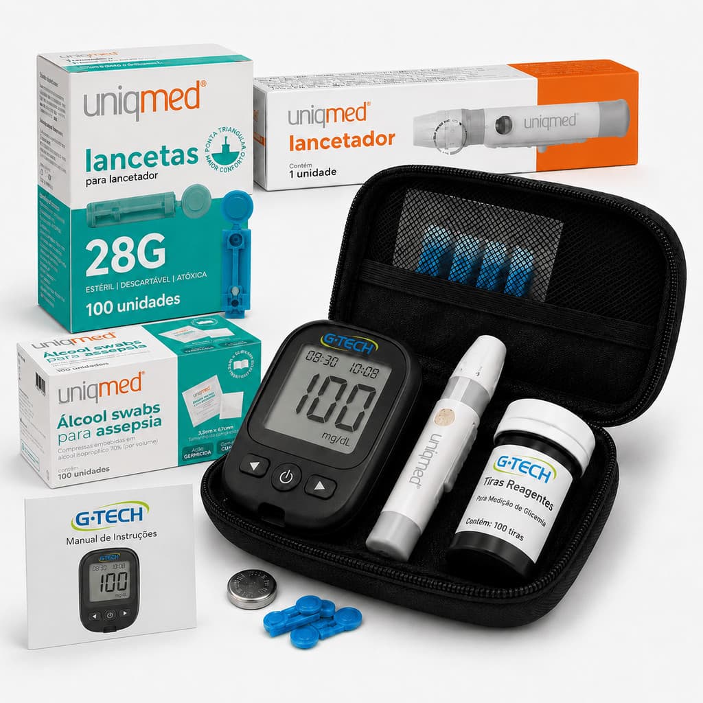 Kit De Monitoramento De Glicemia Completo G-Tech Vita Lite 100 Tiras Teste Com Lancetador E Lancetas