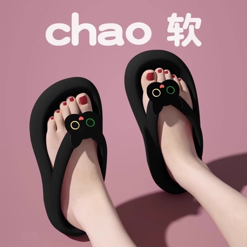 Bonito de sola grossa merda-piso Flip-Flops feminino 2025 novo estilo preto branco gato verão ao ar livre Wear antiderra