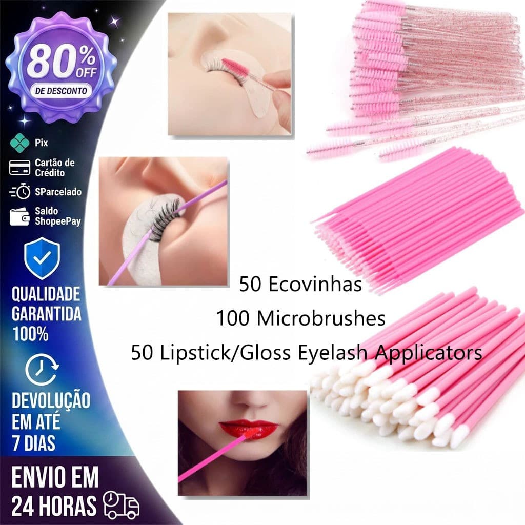 Kit - 50 Escovinhas + 100 Microbrush + 50 Aplicador de Batom Alongamento Cilios（Cor Aleatória)