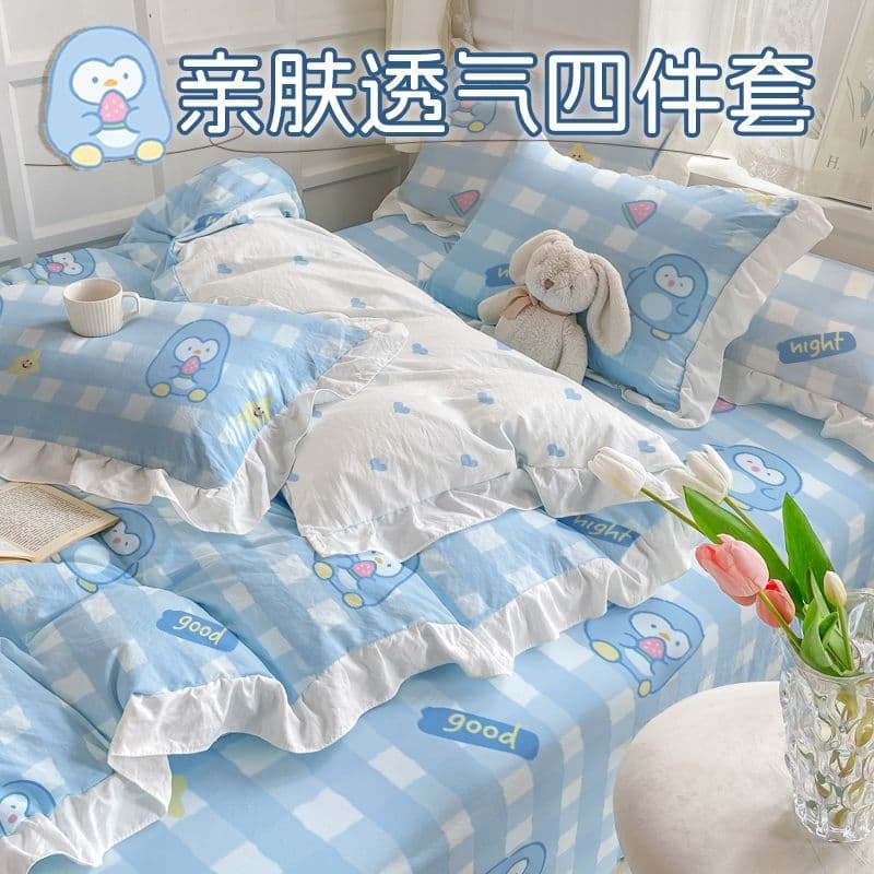 Lençol de cama estilo princesa com babados, cor sólida, algodão lavado, quatro peças, capa de edredom, dormitório estuda