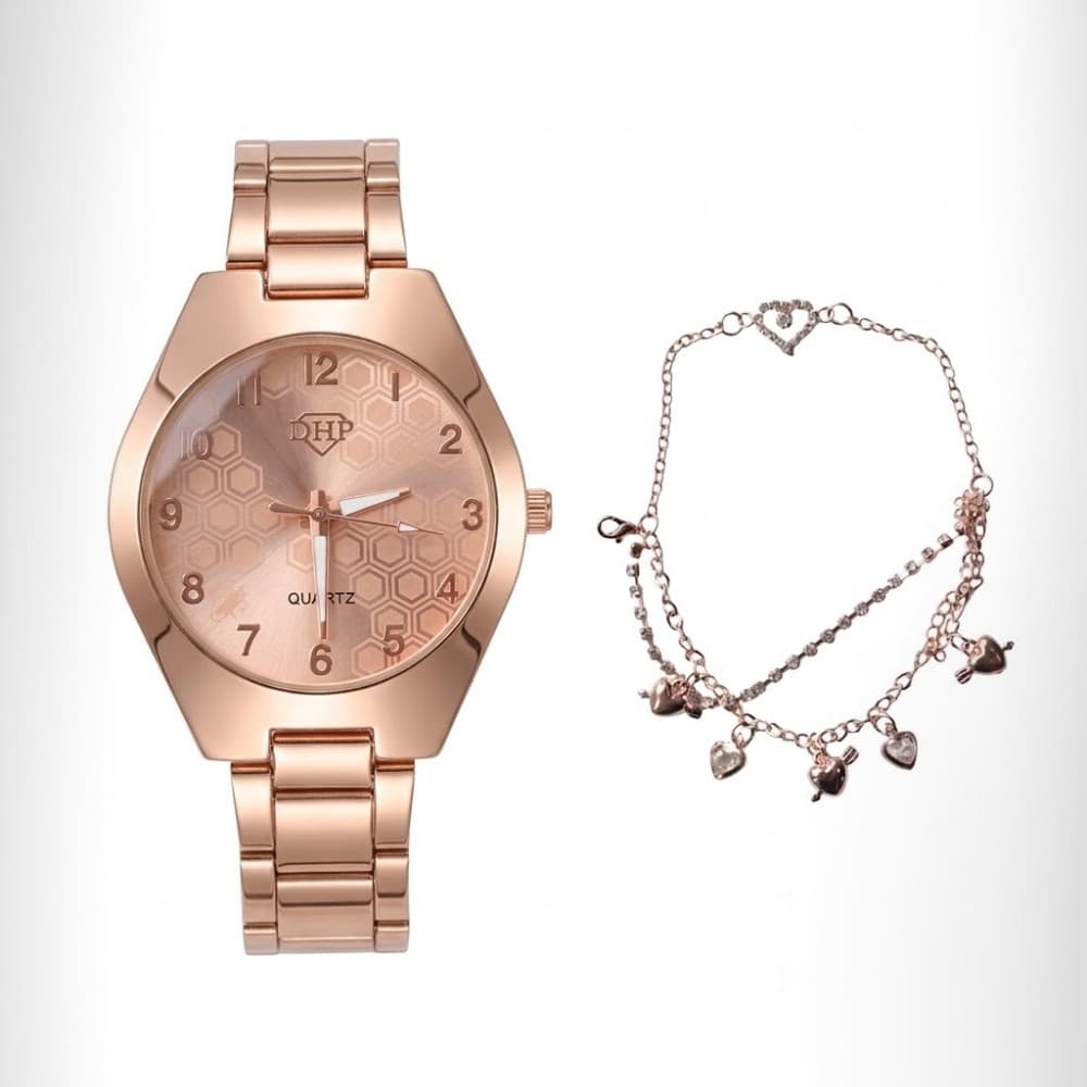 Relógio Feminino DHP Resistente À Água + Pulseira Luxo