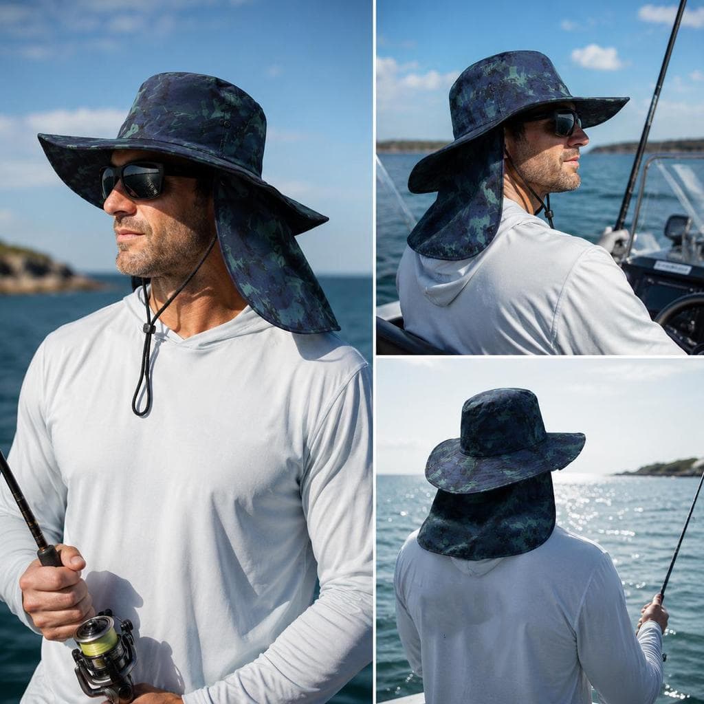 Chapéu camuflado com aba larga e proteção solar total para pesca e esportes ao ar livre
